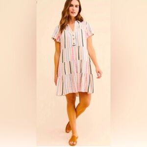 Anthropologie Georgina Tiered Striped cotton Shirt Dress Pintuck Size Medium